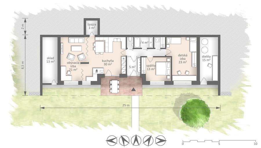 Planimetria della casa interrata Bublina, con deposito, laboratorio, cucina, camere e terrazza sul prato