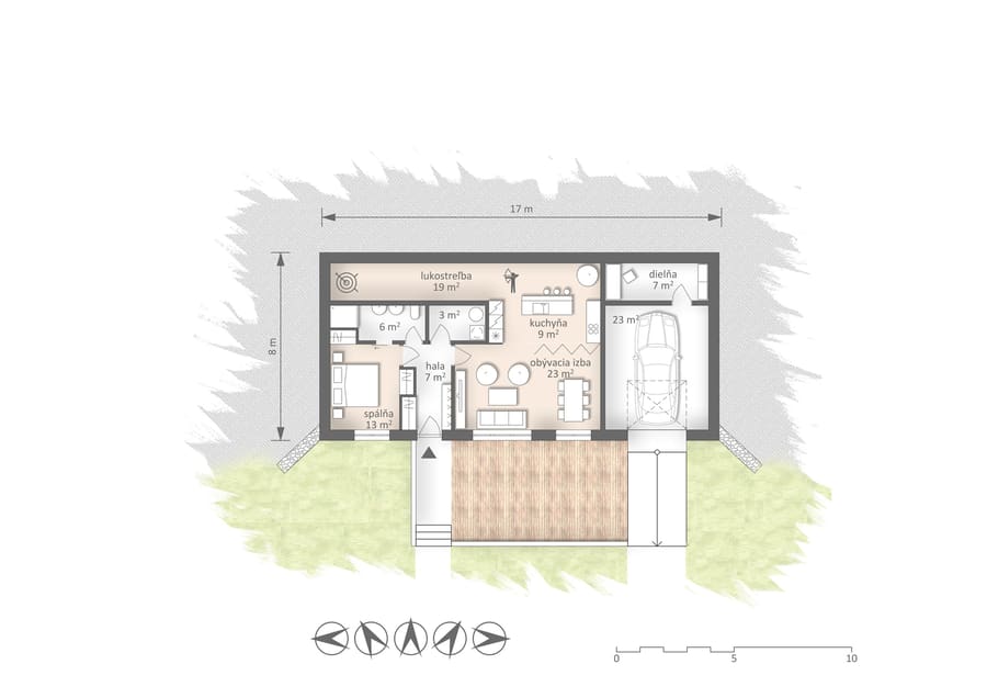 Planimetria della casa interrata Borčice con camera da letto, sala tiro con arco, cucina, soggiorno e garage.