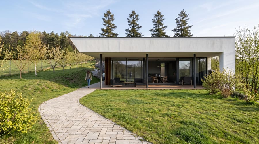Casa interrata in vendita a Častkovce, terrazza vetrata con poltrone, vialetto in mattoni sul prato.