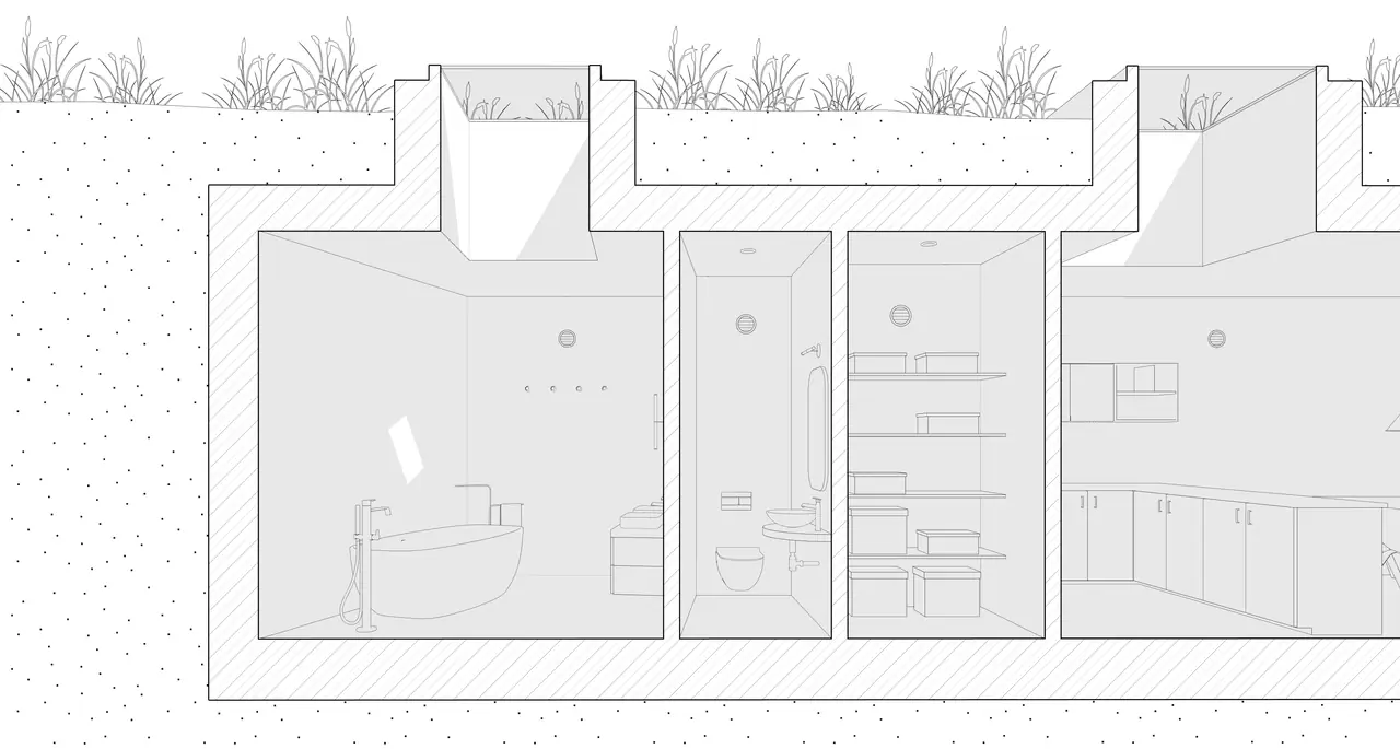 Cross-section of a Talpa earth-sheltered house